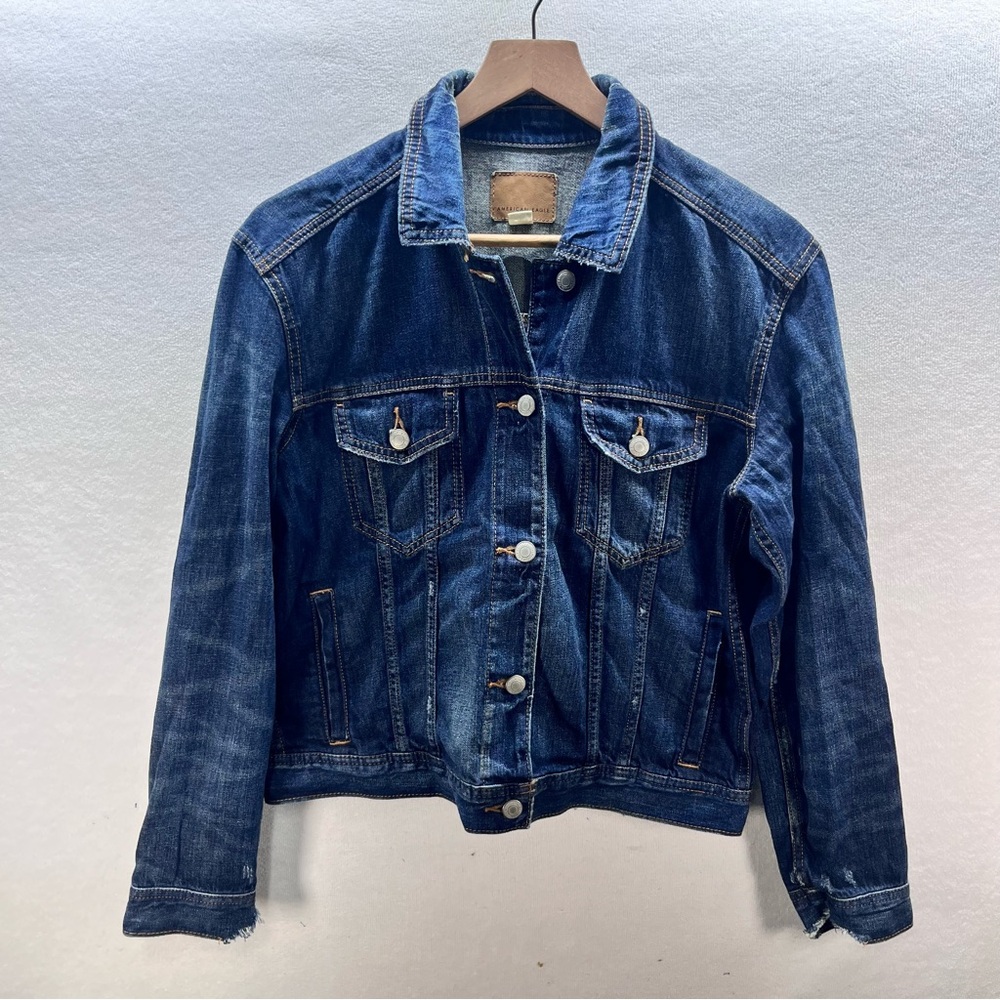 American Eagle Distressed Denim Jacket Womens M Stretch Cute Comfy Blue 3096